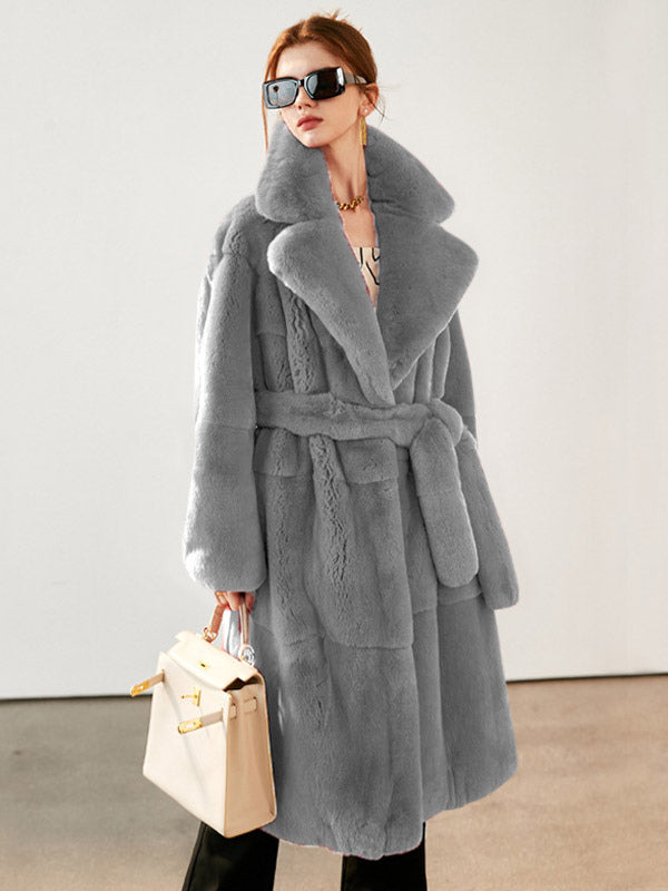 Faux Fur Long Coat Notched Lapel Belted Winter Eco-friendly Jacket For Women 2026
