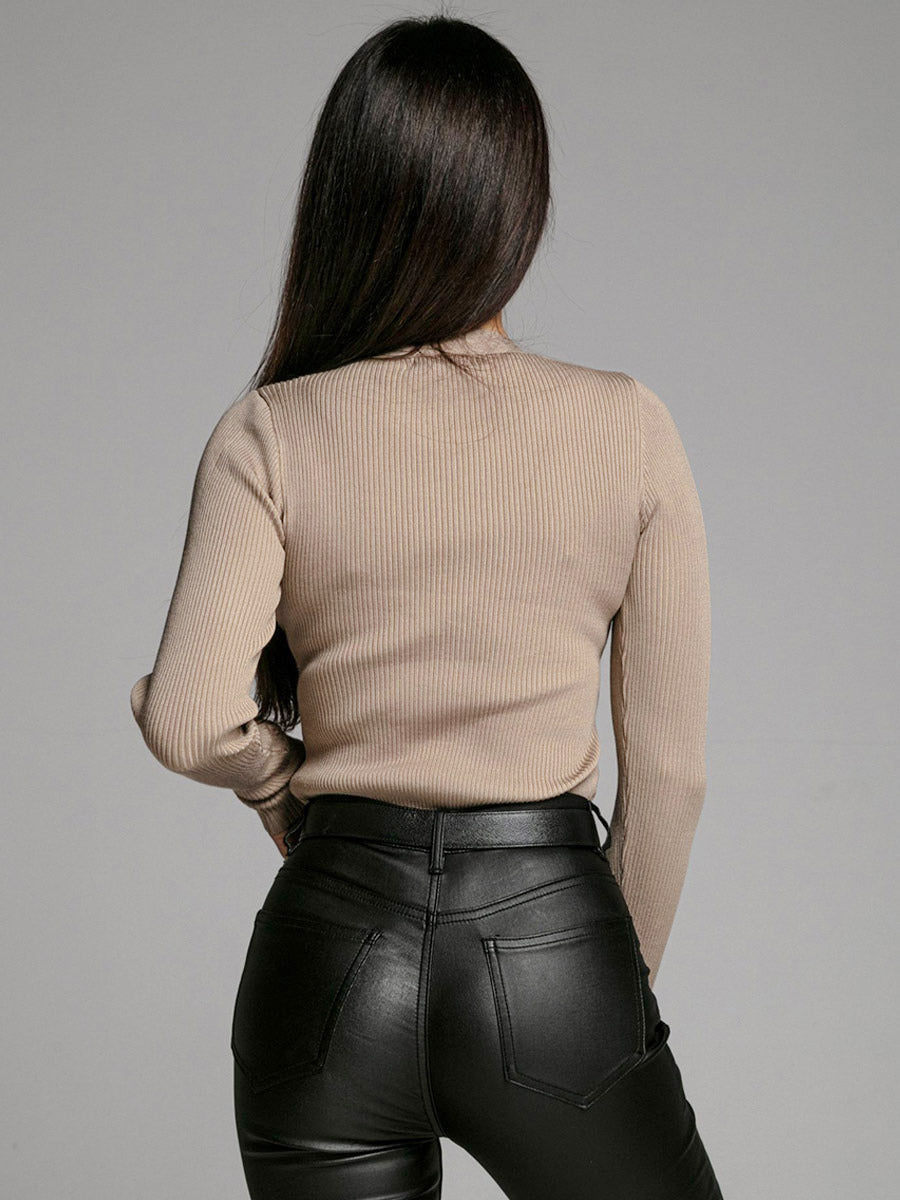 Knit Layering Top Long Sleeves Buttons Solid Color Fall Winter Undershirt For Women