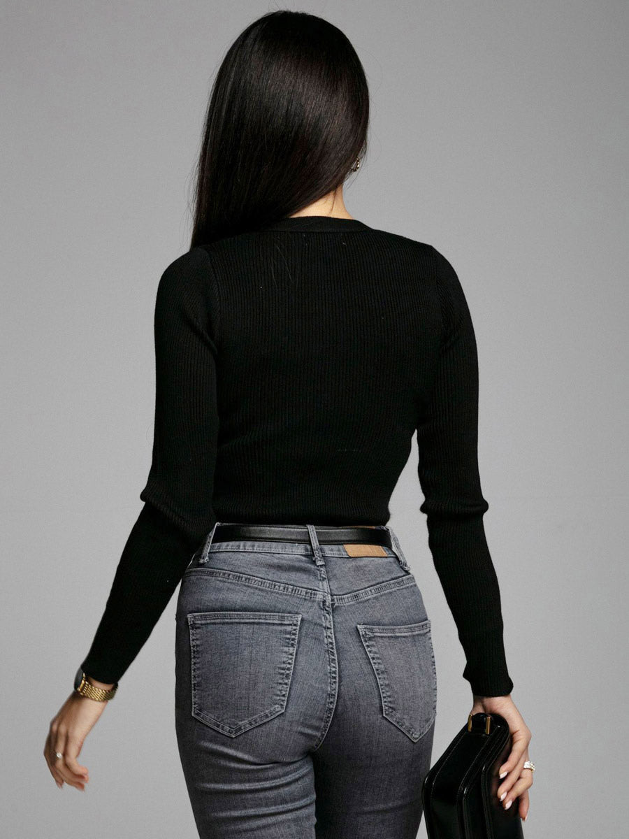 Knit Layering Top Long Sleeves Buttons Solid Color Fall Winter Undershirt For Women