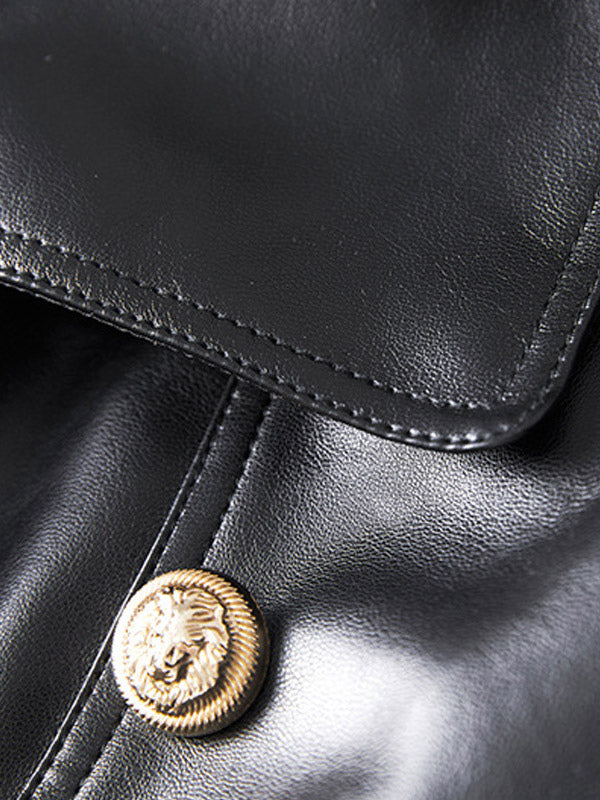 Trench Coat Notched Lapel Double Breast Belted PU Leather Outerwear