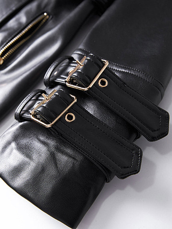Trench Coat Notched Lapel Double Breast Belted PU Leather Outerwear