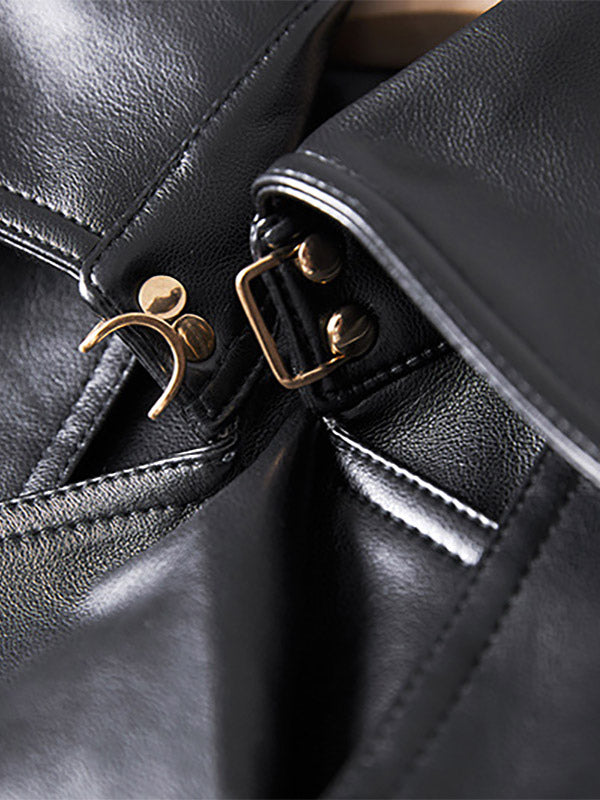 Trench Coat Notched Lapel Double Breast Belted PU Leather Outerwear