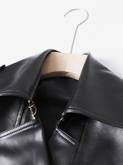 Trench Coat Notched Lapel Double Breast Belted PU Leather Outerwear