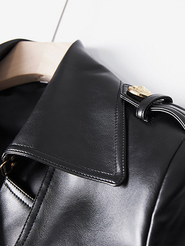 Trench Coat Notched Lapel Double Breast Belted PU Leather Outerwear