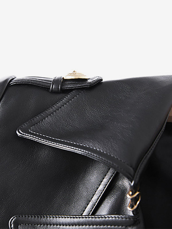 Trench Coat Notched Lapel Double Breast Belted PU Leather Outerwear