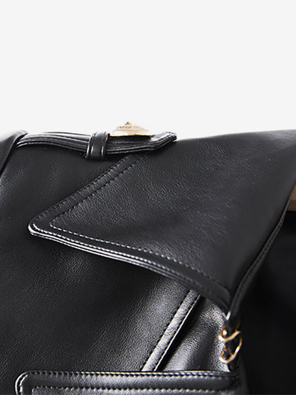 Trench Coat Notched Lapel Double Breast Belted PU Leather Outerwear