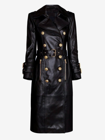 Trench Coat Notched Lapel Double Breast Belted PU Leather Outerwear