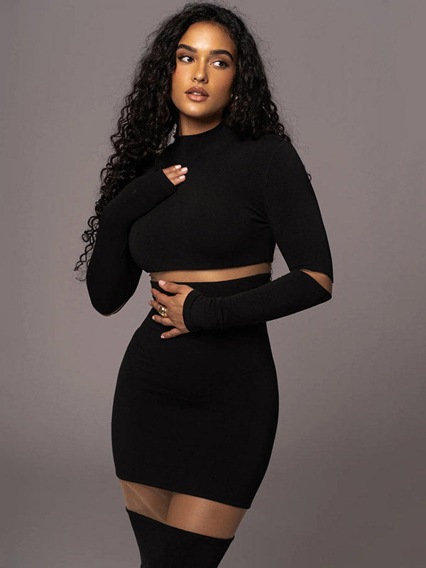 Mesh Patchwork Dress Long Sleeves See Through Party Bodycon Dresses