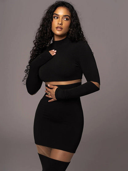 Mesh Patchwork Dress Long Sleeves See Through Party Bodycon Dresses