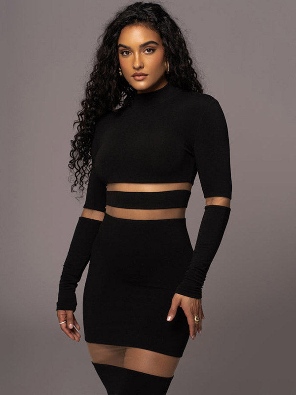 Mesh Patchwork Dress Long Sleeves See Through Party Bodycon Dresses