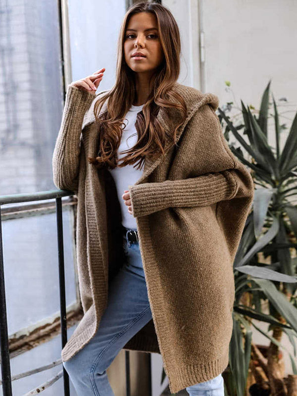 Batwing Sleeves Cardigan Hooded Open Front Solid Color Sweaters