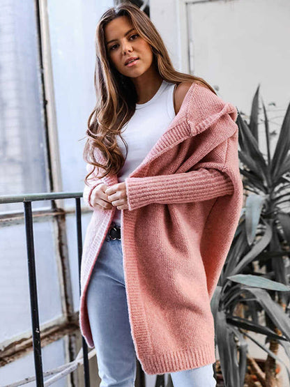 Batwing Sleeves Cardigan Hooded Open Front Solid Color Sweaters
