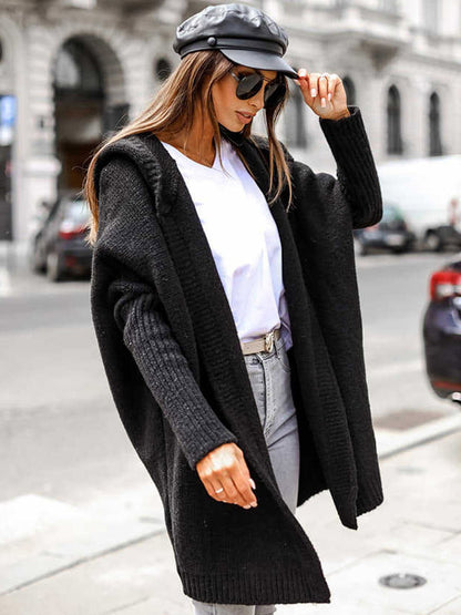 Batwing Sleeves Cardigan Hooded Open Front Solid Color Sweaters