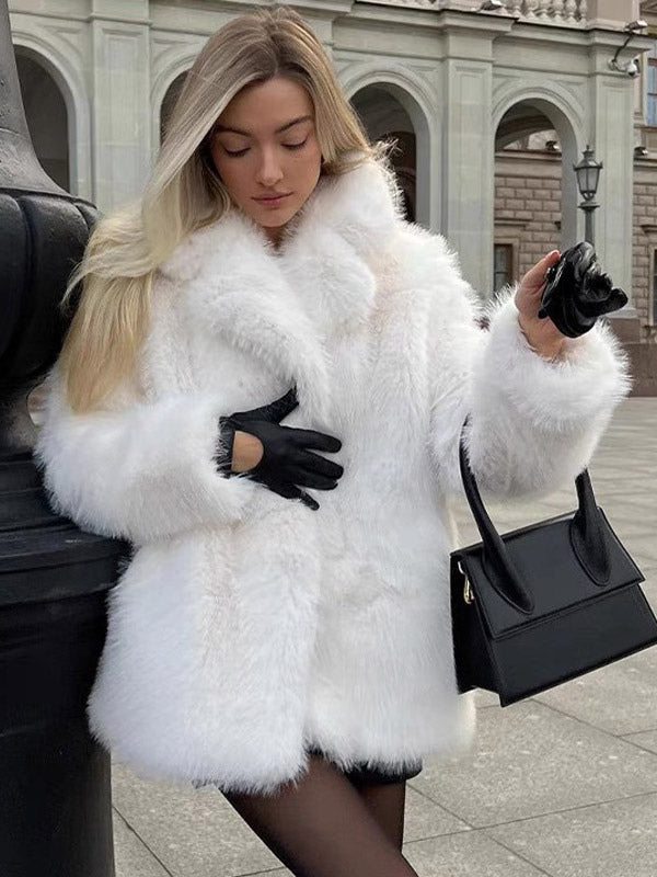 Faux Fur Coat In White Notched Lapel Eco-friendly Winter Jacket For Women 2026