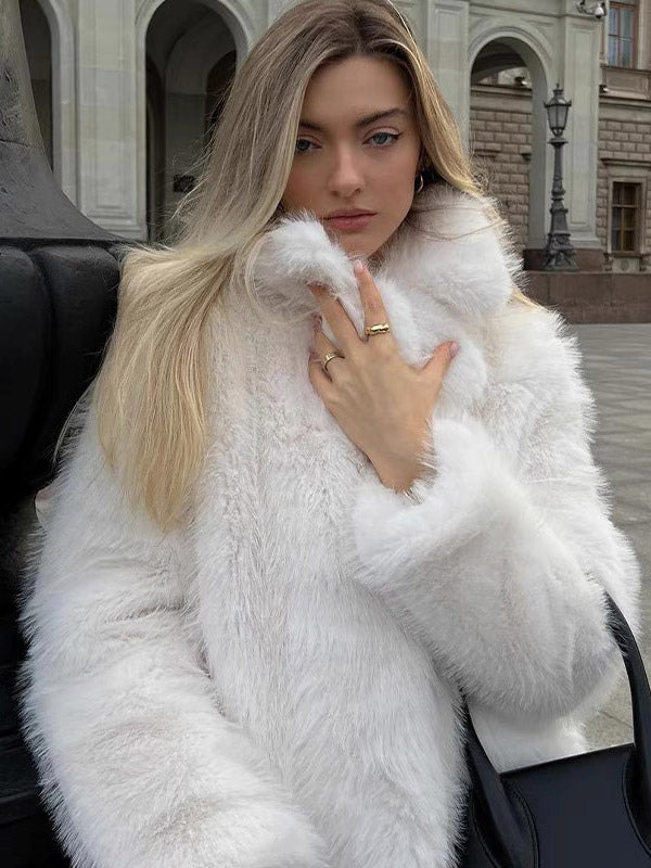 Faux Fur Coat In White Notched Lapel Eco-friendly Winter Jacket For Women 2026