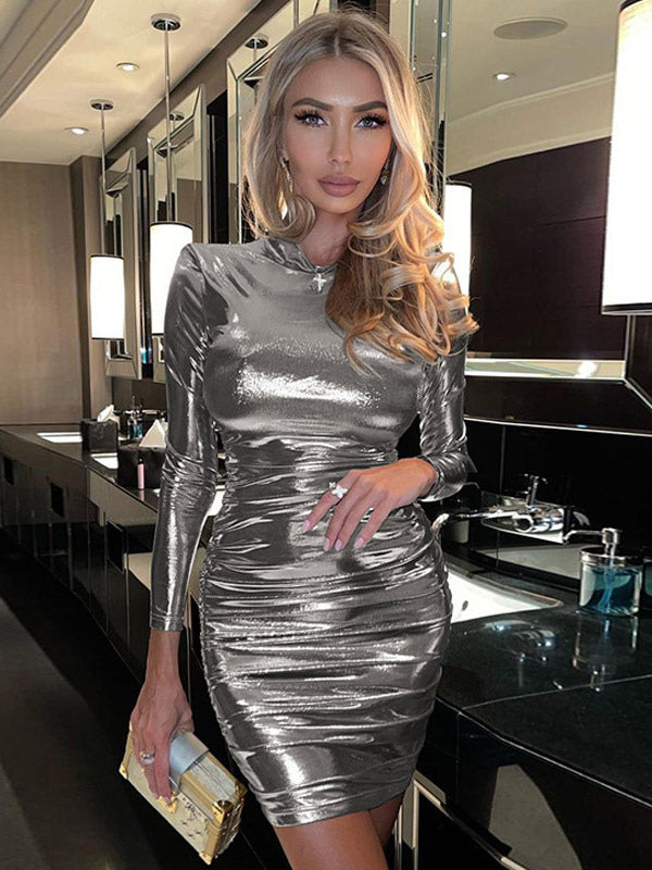Metallic Color Bodycon Dress Padded Shoulder Pleated Sheath Dresses