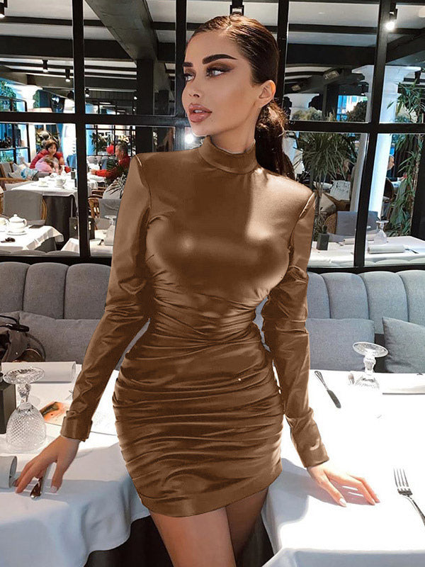 Metallic Color Bodycon Dress Padded Shoulder Pleated Sheath Dresses