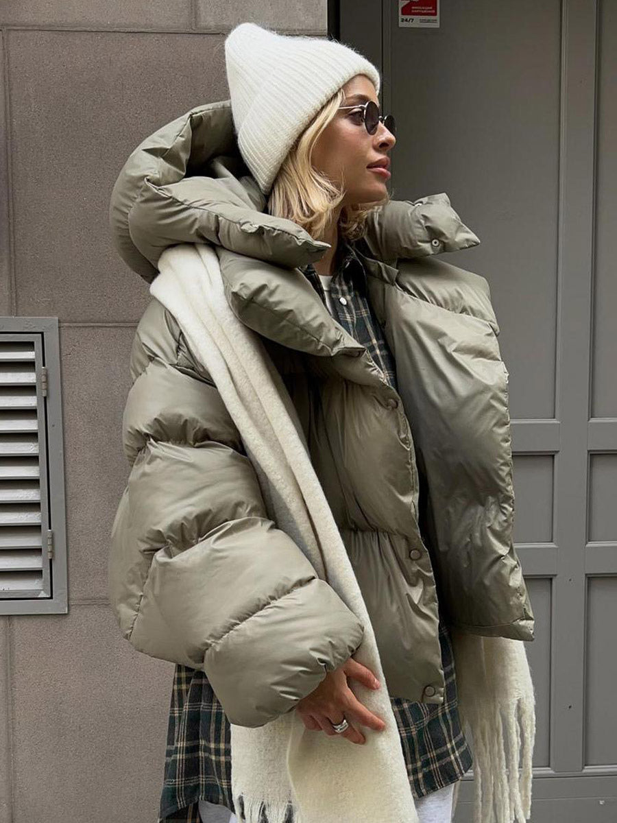 Puffer Coat Hooded Front Button Solid Color Oversized Winter Outerwear