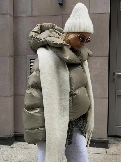 Puffer Coat Hooded Front Button Solid Color Oversized Winter Outerwear