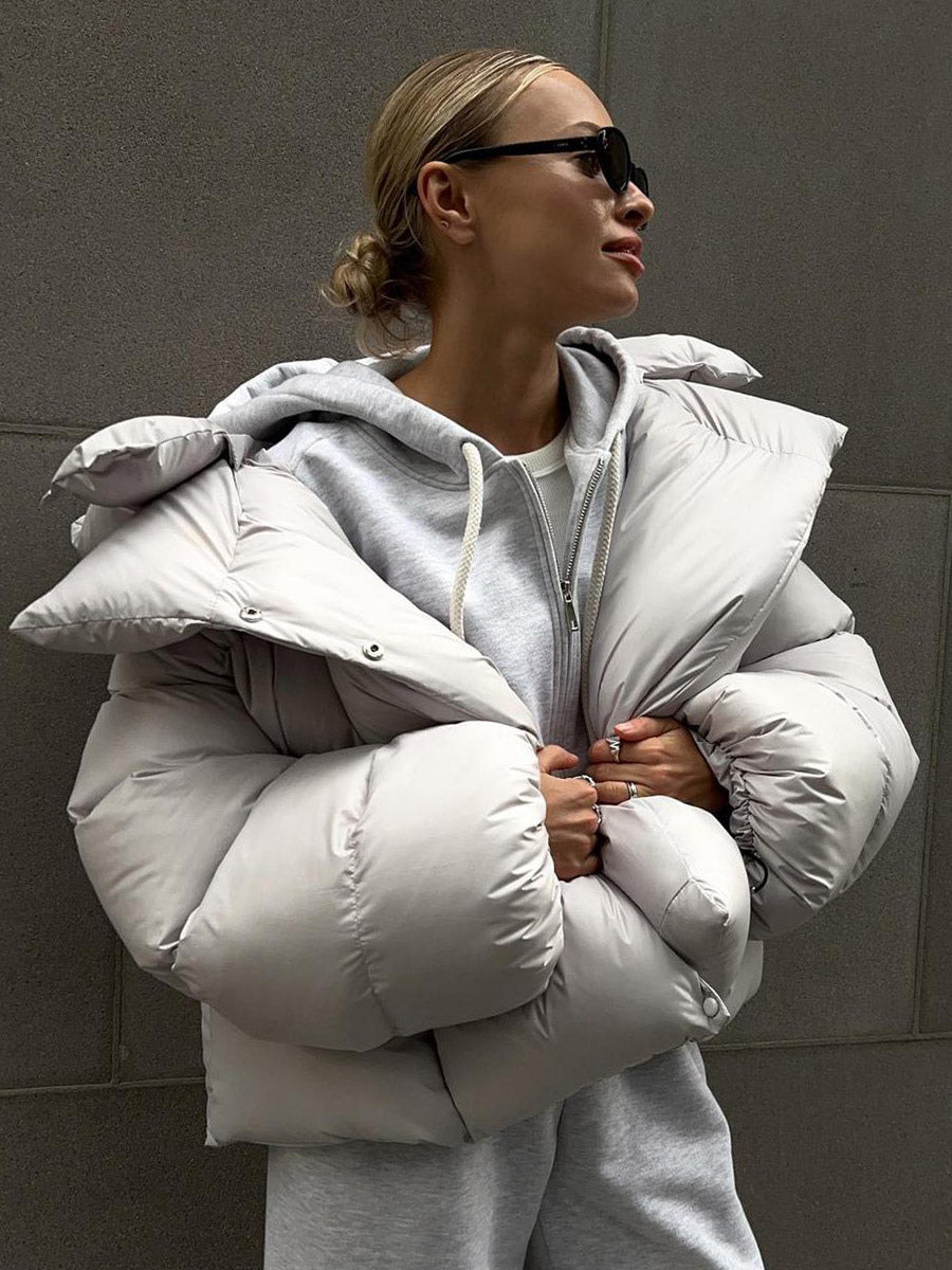 Puffer Coat Hooded Front Button Solid Color Oversized Winter Outerwear