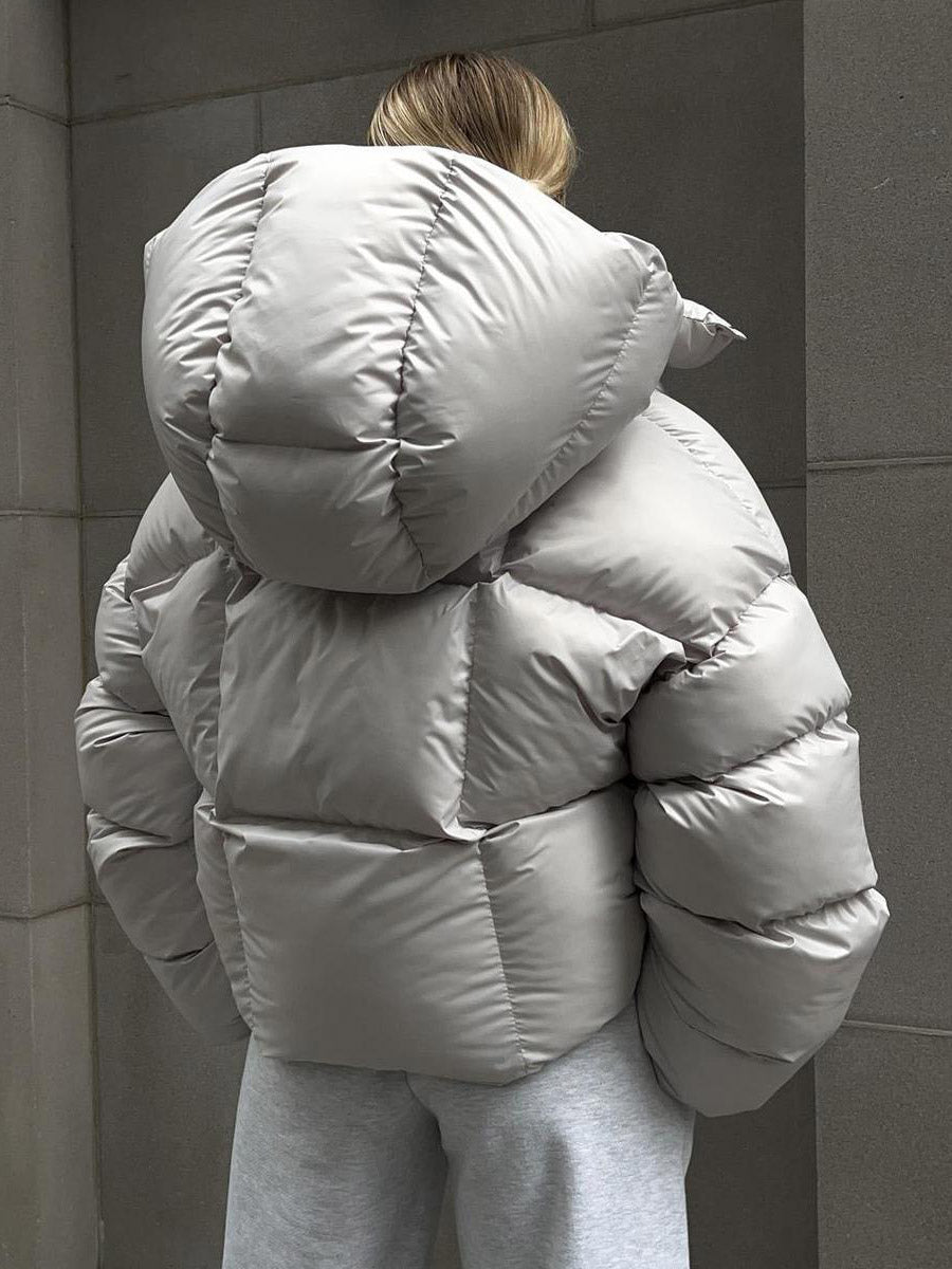 Puffer Coat Hooded Front Button Solid Color Oversized Winter Outerwear
