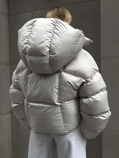 Puffer Coat Hooded Front Button Solid Color Oversized Winter Outerwear