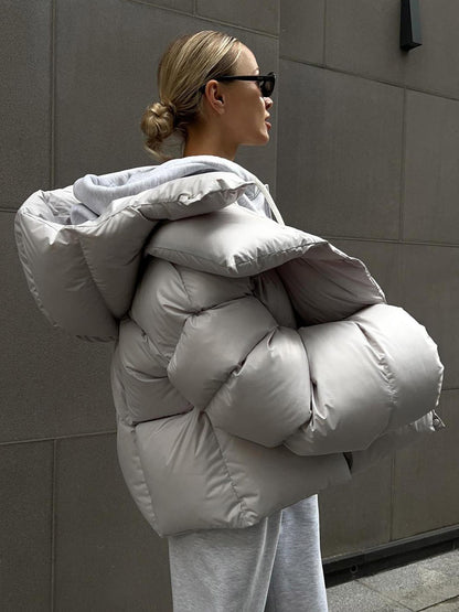 Puffer Coat Hooded Front Button Solid Color Oversized Winter Outerwear
