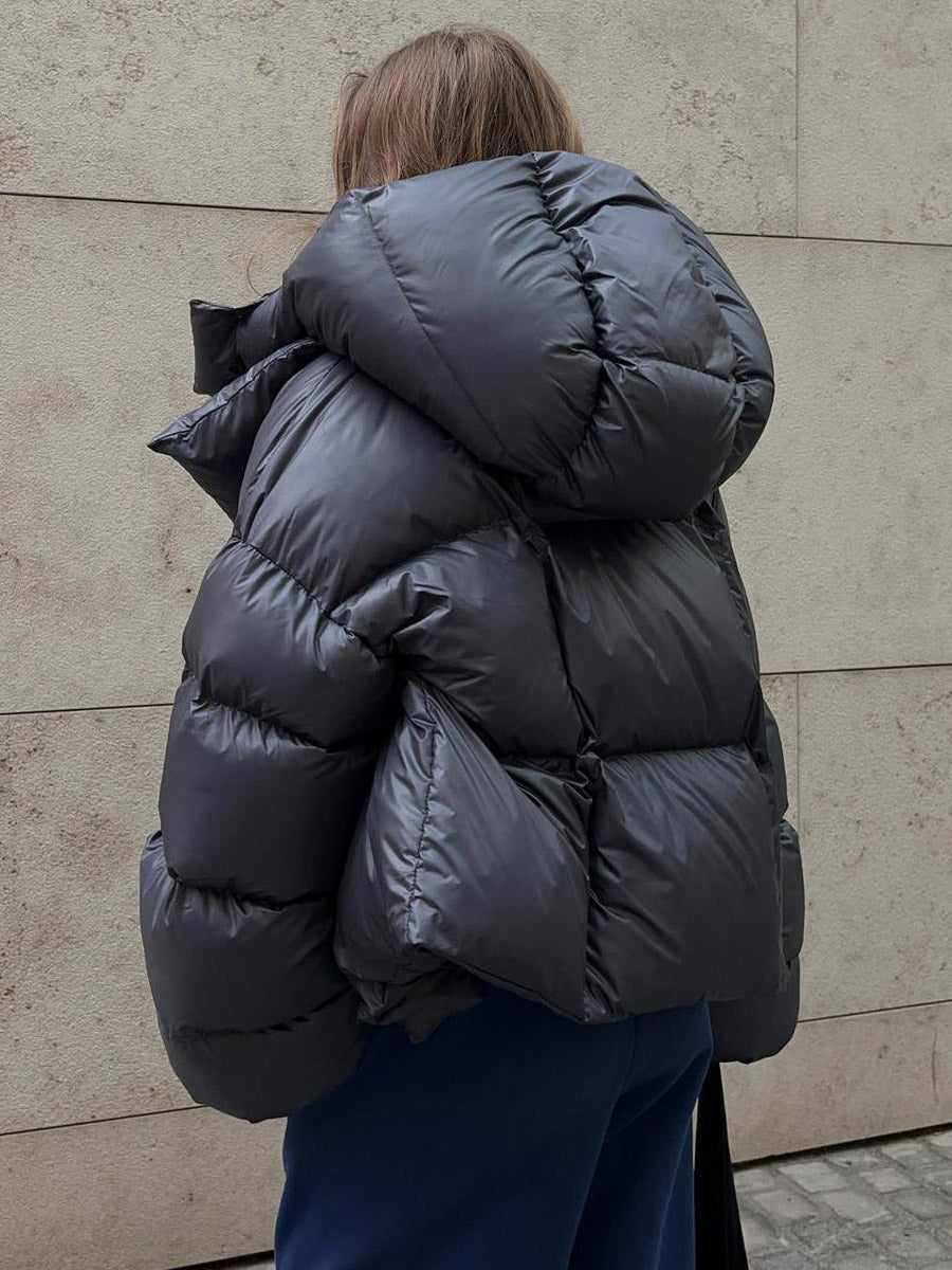 Puffer Coat Hooded Front Button Solid Color Oversized Winter Outerwear