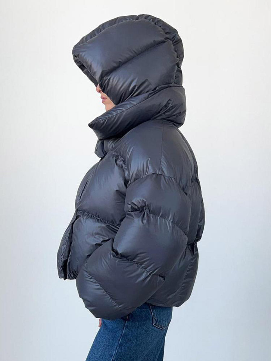 Puffer Coat Hooded Front Button Solid Color Oversized Winter Outerwear