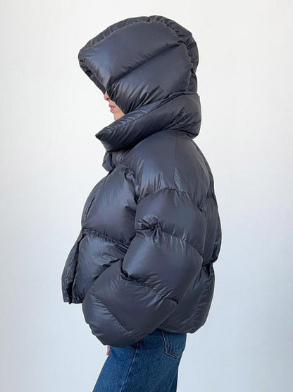 Puffer Coat Hooded Front Button Solid Color Oversized Winter Outerwear