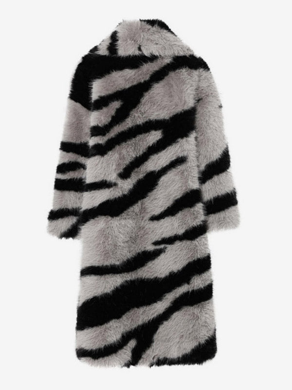 Zebra Print Faux Fur Coat Turndown Collar Oversized Eco-friendly Long Jacket For Women 2026