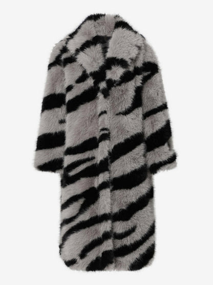 Zebra Print Faux Fur Coat Turndown Collar Oversized Eco-friendly Long Jacket For Women 2026