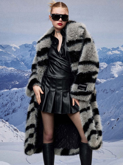 Zebra Print Faux Fur Coat Turndown Collar Oversized Eco-friendly Long Jacket For Women 2026