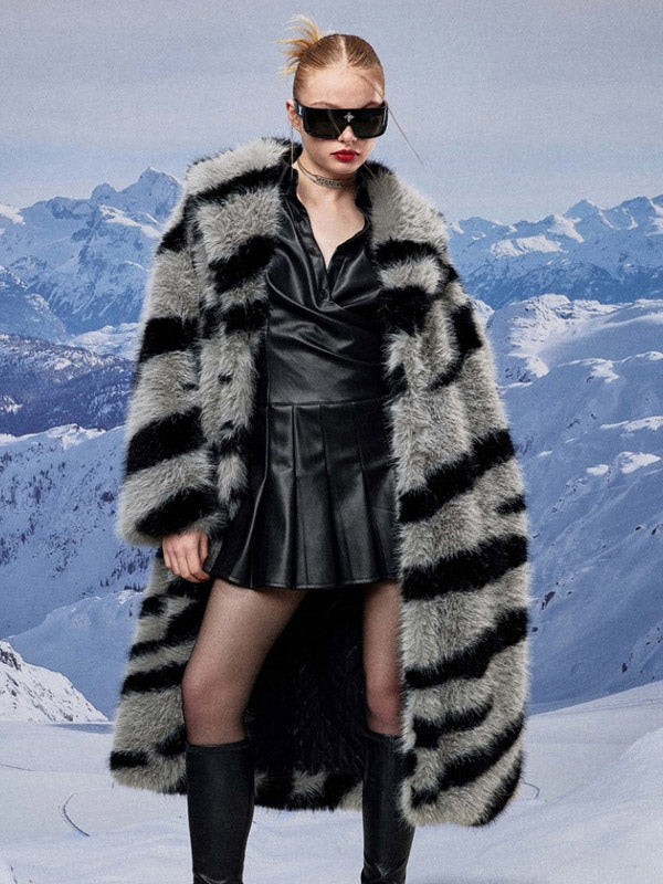 Zebra Print Faux Fur Coat Turndown Collar Oversized Eco-friendly Long Jacket For Women 2026