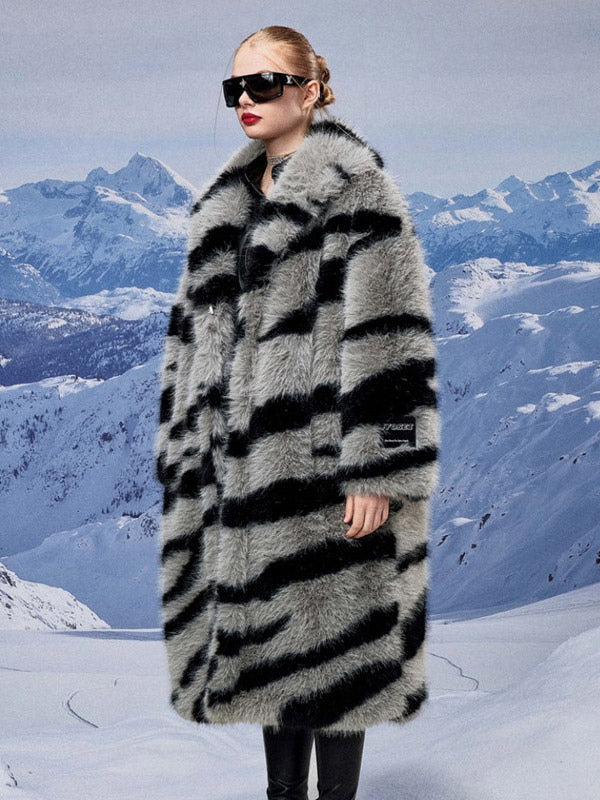 Zebra Print Faux Fur Coat Turndown Collar Oversized Eco-friendly Long Jacket For Women 2026