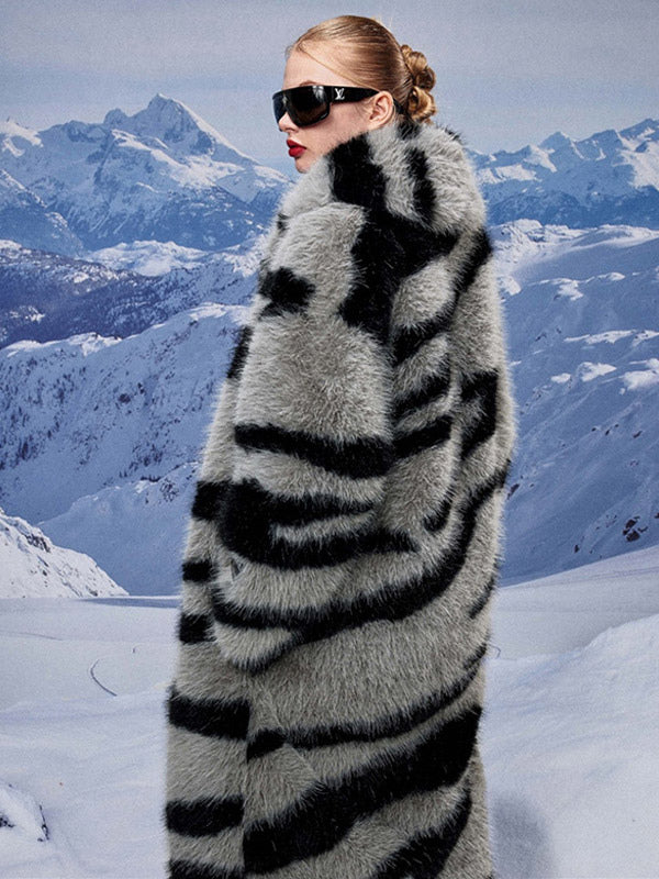 Zebra Print Faux Fur Coat Turndown Collar Oversized Eco-friendly Long Jacket For Women 2026