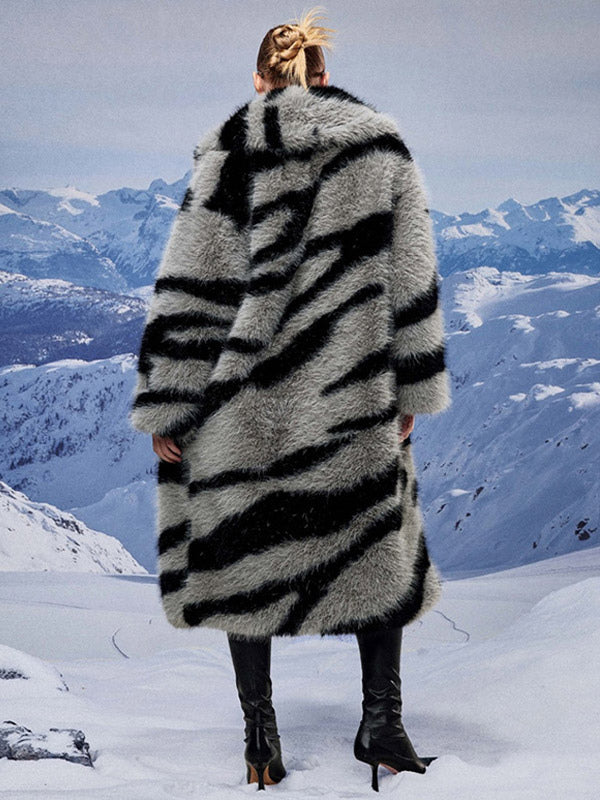Zebra Print Faux Fur Coat Turndown Collar Oversized Eco-friendly Long Jacket For Women 2026