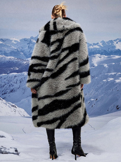 Zebra Print Faux Fur Coat Turndown Collar Oversized Eco-friendly Long Jacket For Women 2026