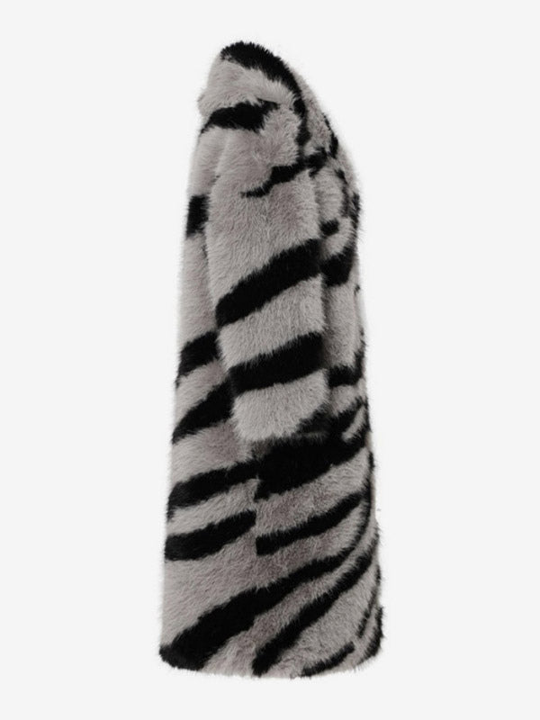 Zebra Print Faux Fur Coat Turndown Collar Oversized Eco-friendly Long Jacket For Women 2026