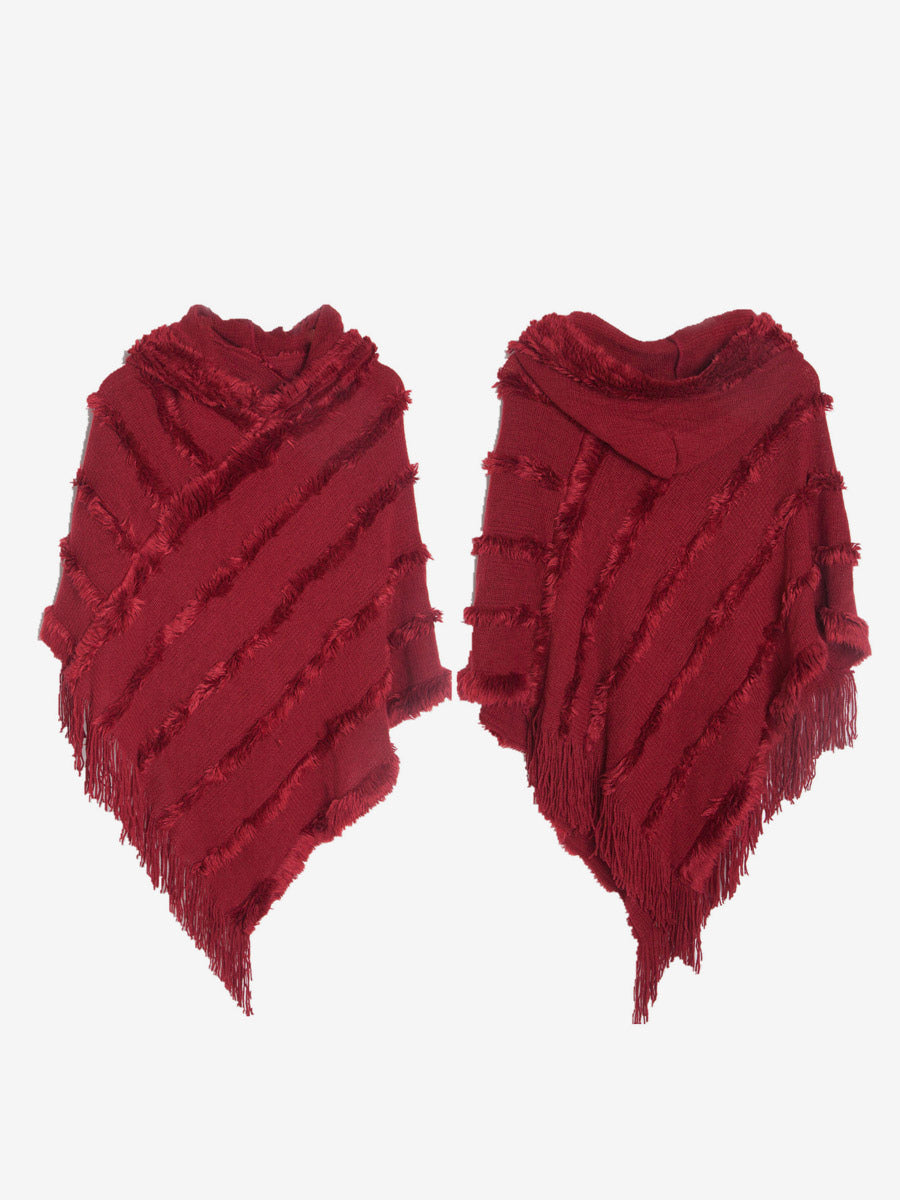 Women Poncho Hooded Green Oversized Fringe Cape