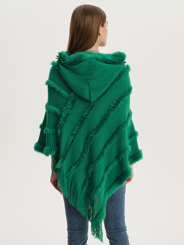 Women Poncho Hooded Green Oversized Fringe Cape
