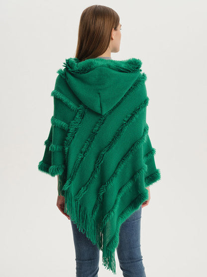 Women Poncho Hooded Green Oversized Fringe Cape