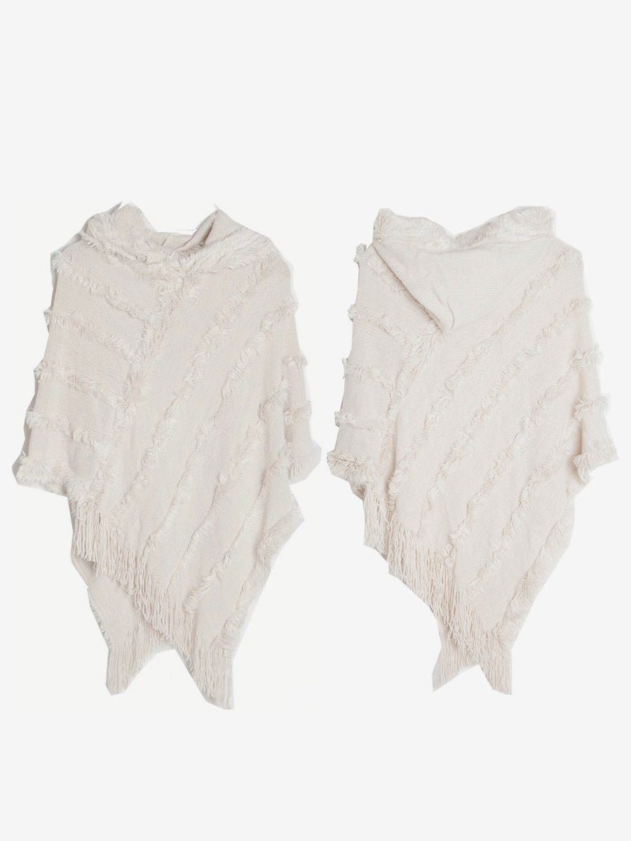 Women Poncho Hooded Green Oversized Fringe Cape