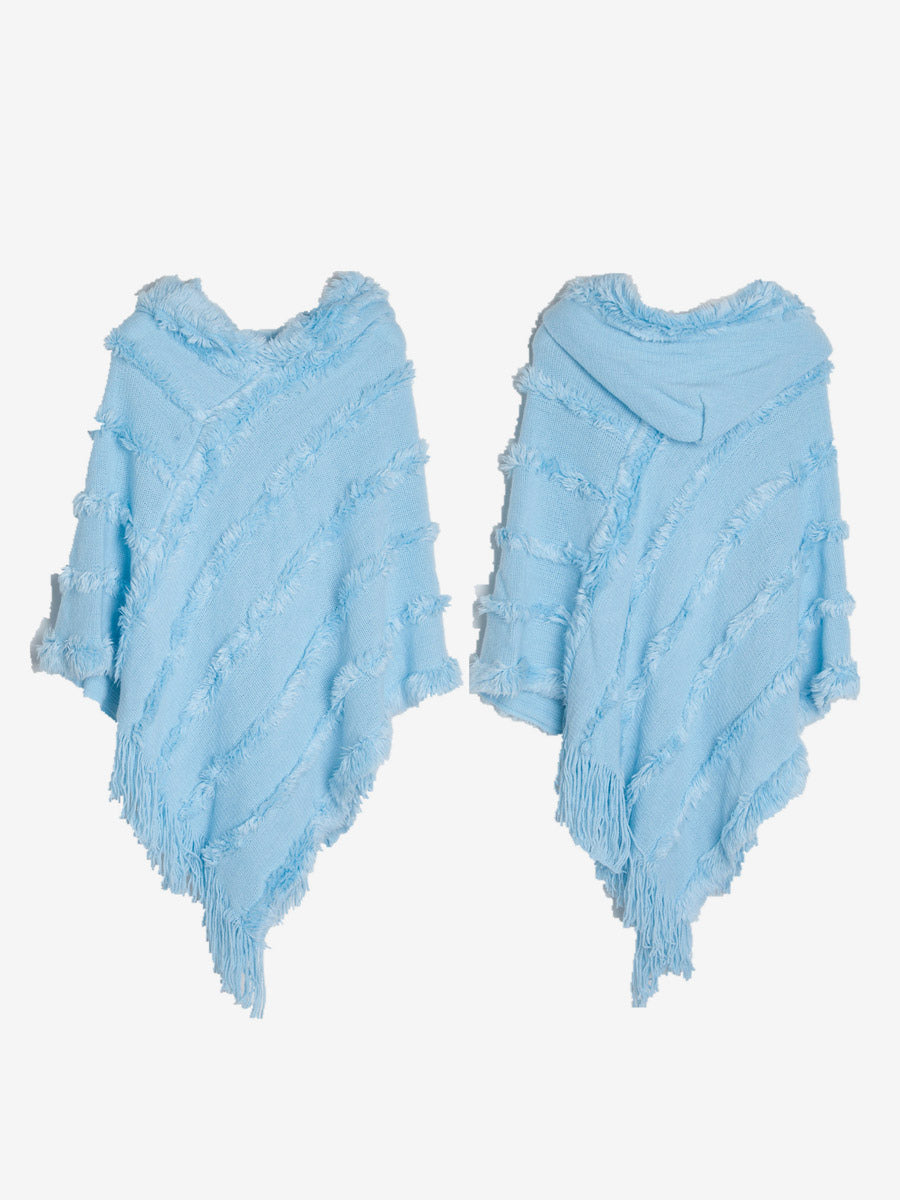 Women Poncho Hooded Green Oversized Fringe Cape