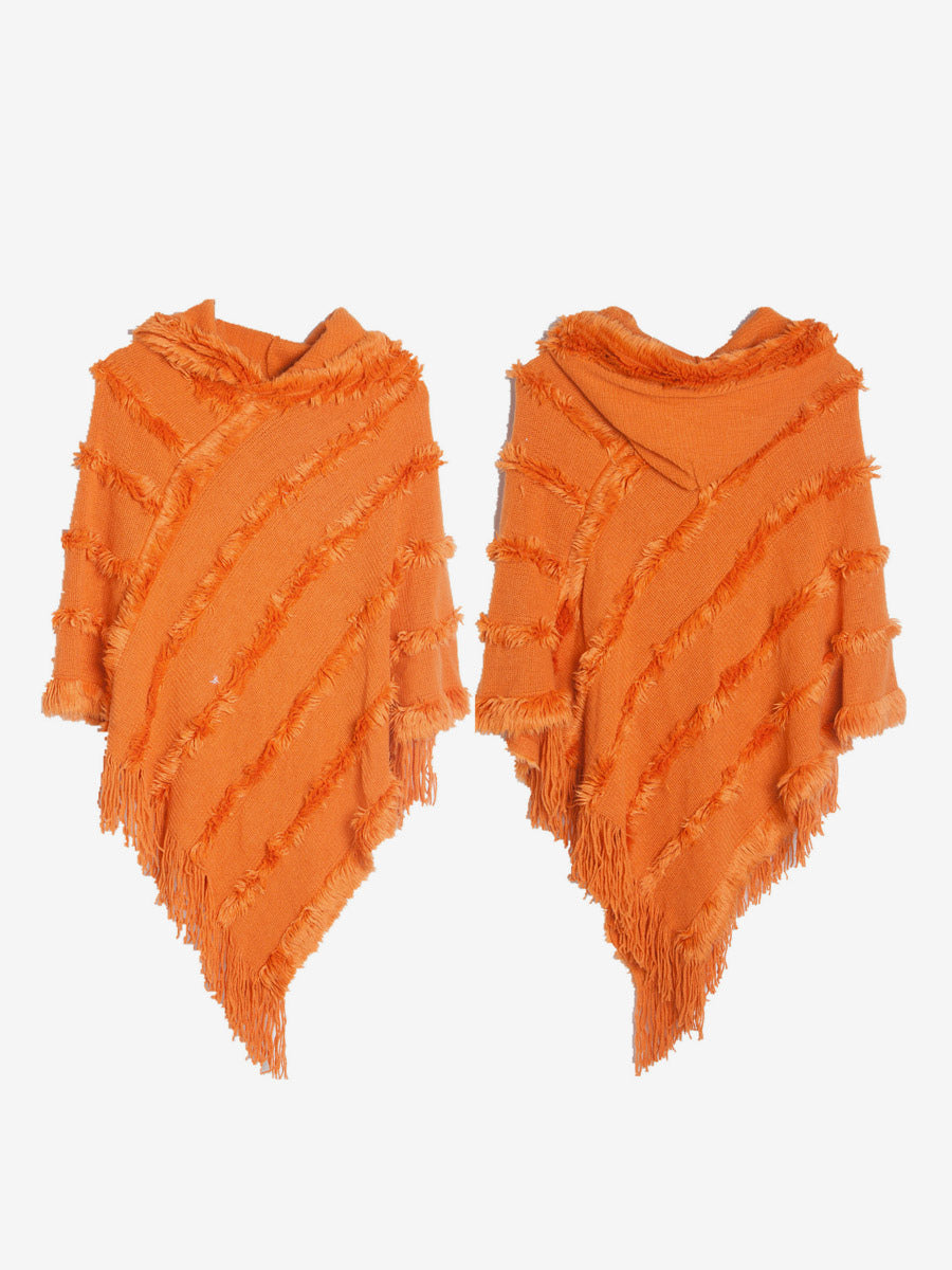 Women Poncho Hooded Green Oversized Fringe Cape
