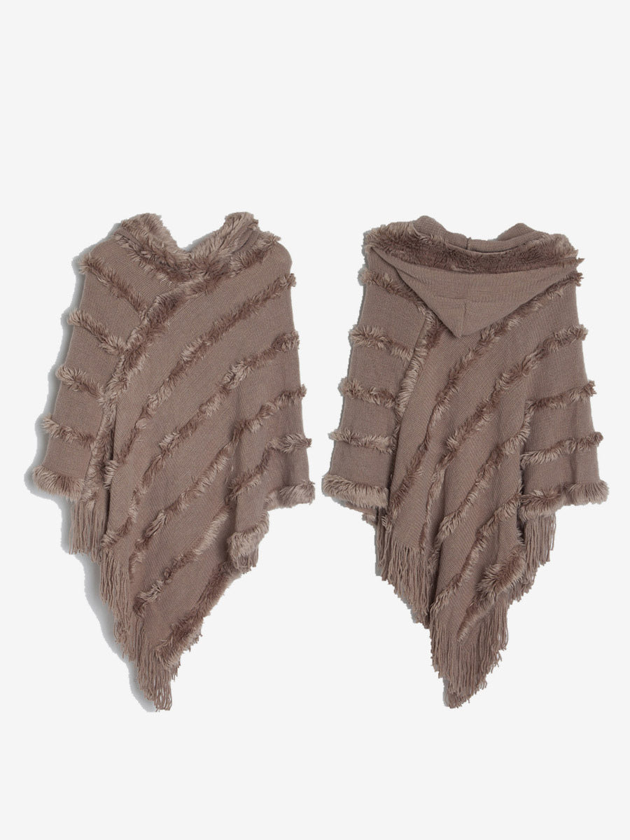 Women Poncho Hooded Green Oversized Fringe Cape