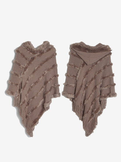 Women Poncho Hooded Green Oversized Fringe Cape