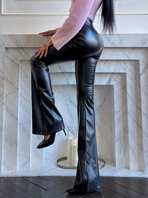 Black PU Leather Pants Raised Waist Flared Leg Trousers For Women