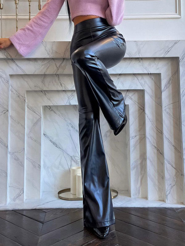 Black PU Leather Pants Raised Waist Flared Leg Trousers For Women