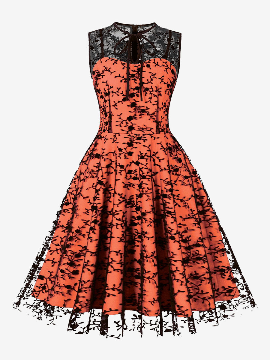 Embroidered Dress Round Neck Sleeveless Lace Up Retro Glamour Dresses